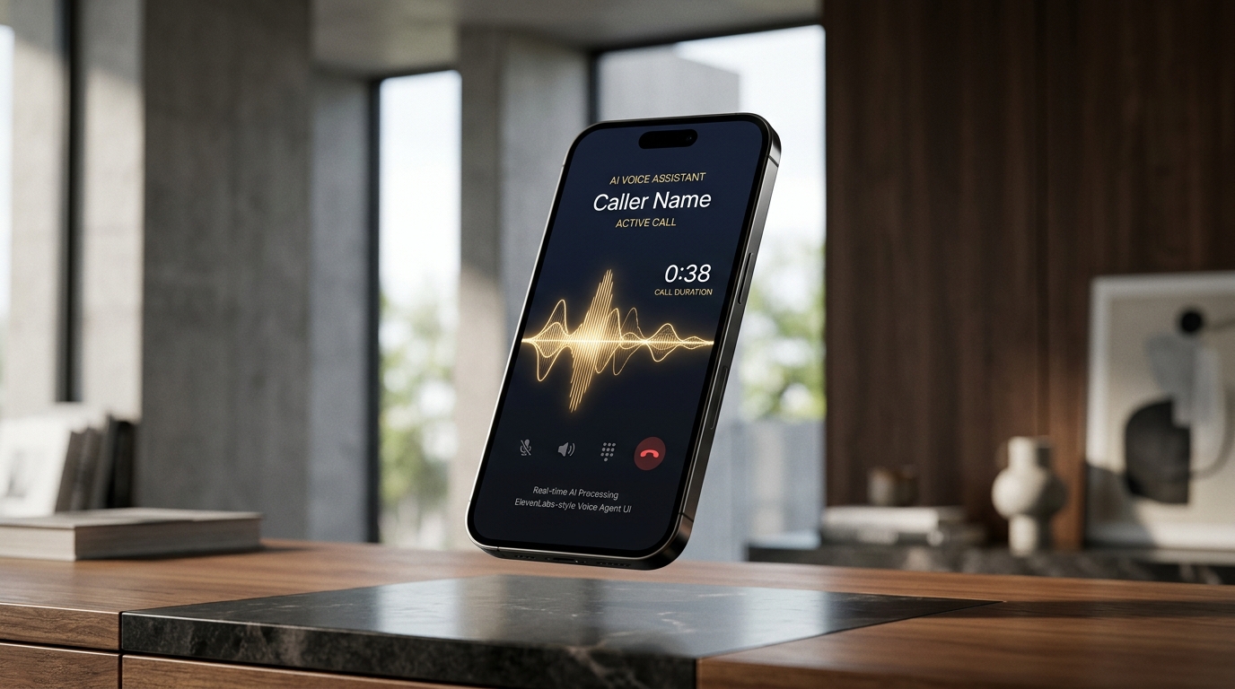 GrowthOS AI Voice Caller — live conversation with real-time waveform on a premium device.